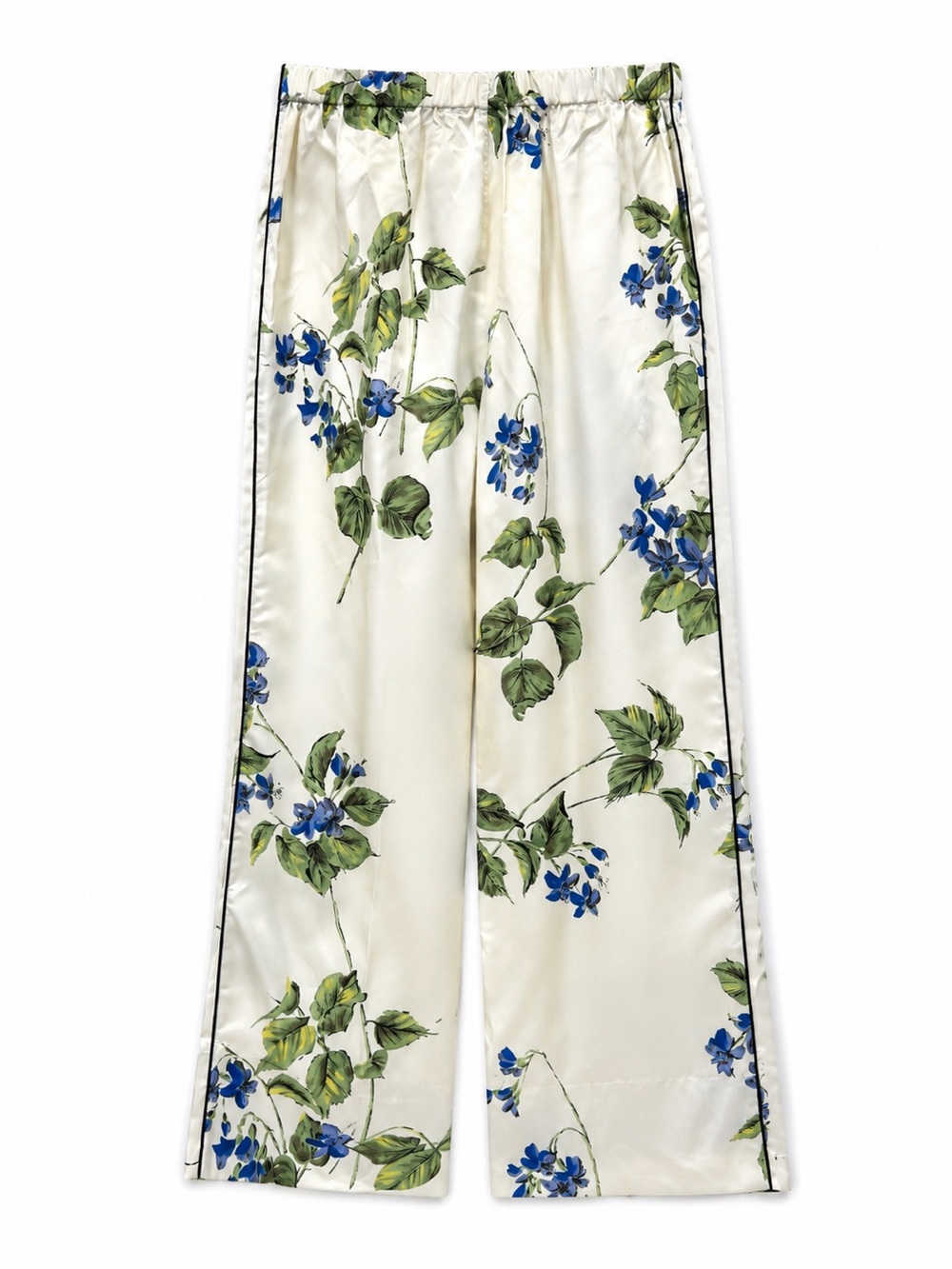 🚩steal Prada Cream Wide-Leg Satin Pants with Blue & Green Floral Print